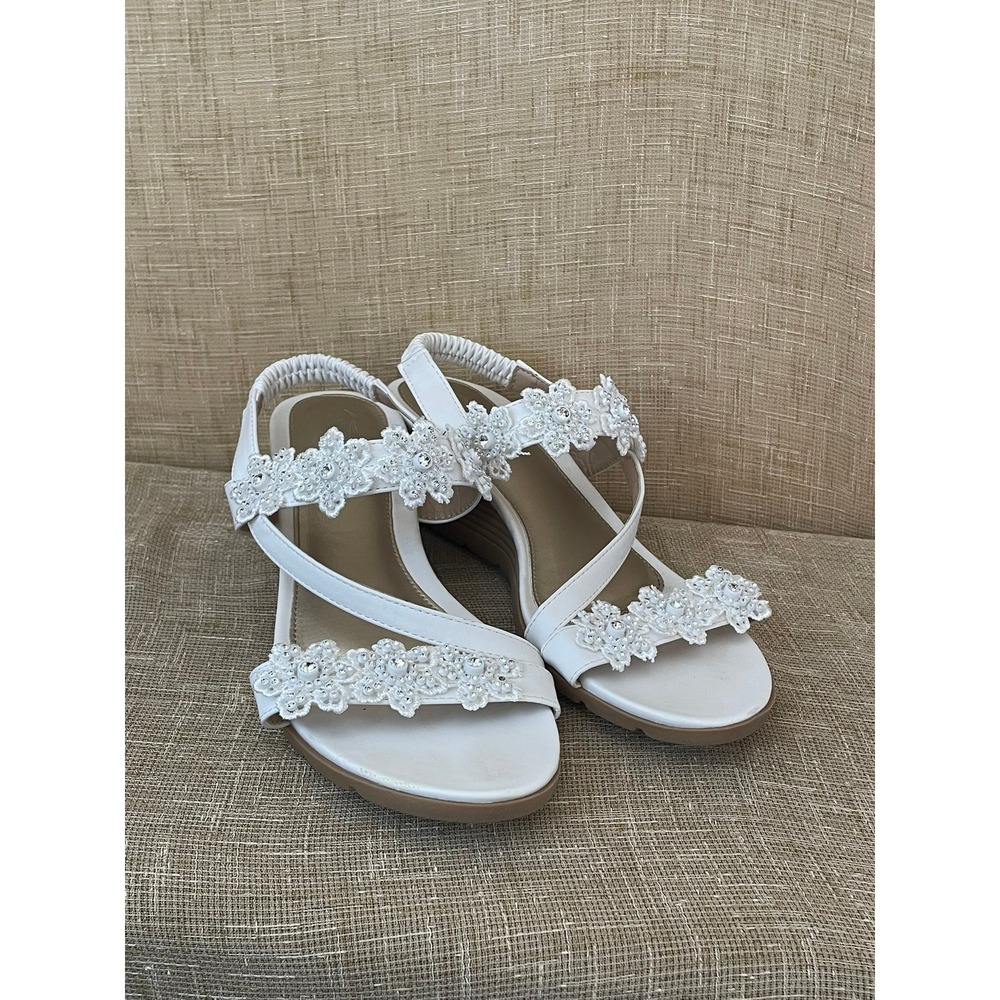 Womens White Floral Embellished Elastic Slingback Wedge Sandals Comfort Size 6‎